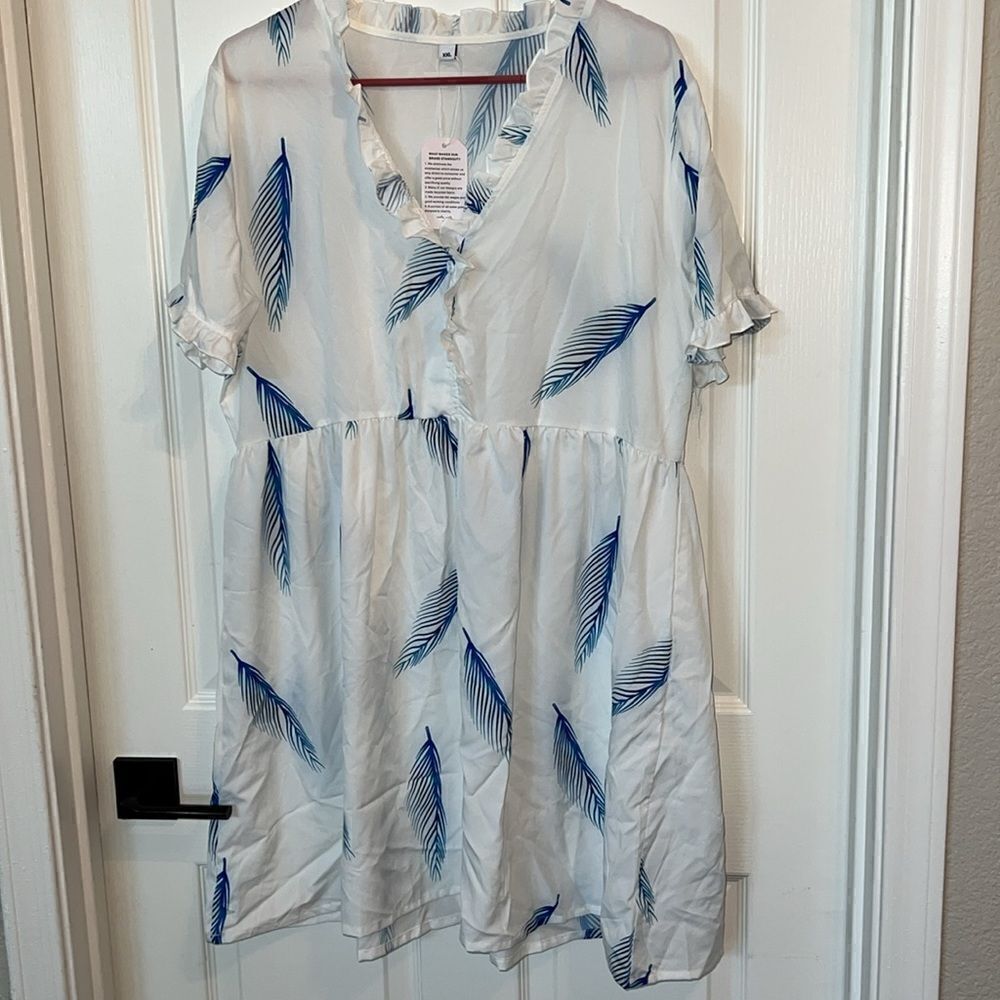 Blue & White Flowy Dress FEATHERS Ruffle Womens XXL New